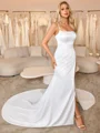 Sheath Spaghetti Straps Pleated Chapel Train Charmeuse Corset Wedding Dress