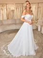 A-line Off-the-Shoulder Appliques Lace Chapel Train Chiffon Corset Wedding Dress