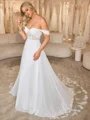 A-line Off-the-Shoulder Appliques Lace Chapel Train Chiffon Corset Wedding Dress