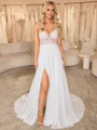 A-line V-neck Appliques Lace Sweep Train Wedding Dress