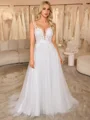 A-line Illusion Appliques Lace Sweep Train Tulle Corset Wedding Dress