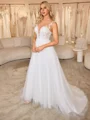 A-line Illusion Appliques Lace Sweep Train Tulle Corset Wedding Dress