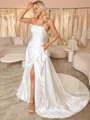 A-line Straight Pleated Chapel Train Satin Corset Wedding Dress