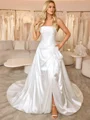 A-line Straight Pleated Chapel Train Satin Corset Wedding Dress
