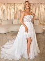 A-line Straight Long Sleeves Appliques Lace Court Train Organza Corset Convertible Wedding Dress
