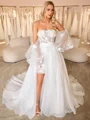 A-line Straight Long Sleeves Appliques Lace Court Train Organza Corset Convertible Wedding Dress