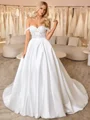 A-line Off-the-Shoulder Appliques Lace Chapel Train Satin Corset Convertible Wedding Dress