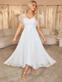 A-line V-neck Short Sleeves Appliques Lace Asymmetrical Chiffon Wedding Dress