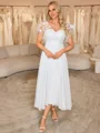A-line V-neck Short Sleeves Appliques Lace Asymmetrical Chiffon Wedding Dress