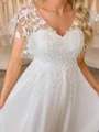 A-line V-neck Short Sleeves Appliques Lace Asymmetrical Chiffon Wedding Dress