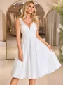 A-line V-neck Appliques Lace Knee-Length Tulle Wedding Dress