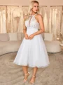 A-line Halter Appliques Lace Tea-Length Organza Wedding Dress