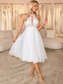 A-line Halter Appliques Lace Tea-Length Organza Wedding Dress