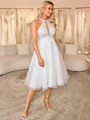 A-line Halter Appliques Lace Tea-Length Organza Wedding Dress
