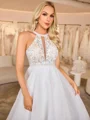 A-line Halter Appliques Lace Tea-Length Organza Wedding Dress