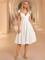 A-line V-neck Short Sleeves Pleated Knee-Length Stretch Crepe Wedding Dress