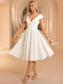 A-line V-neck Short Sleeves Pleated Knee-Length Stretch Crepe Wedding Dress
