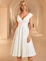 A-line V-neck Short Sleeves Pleated Knee-Length Stretch Crepe Wedding Dress