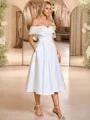 A-line Off-the-Shoulder Pleated Tea-Length Satin Corset Wedding Dress