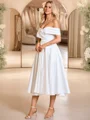 A-line Off-the-Shoulder Pleated Tea-Length Satin Corset Wedding Dress