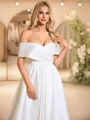 A-line Off-the-Shoulder Pleated Tea-Length Satin Corset Wedding Dress