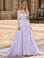 A-line/Princess Lace High Neck Long Sleeves Chapel Train Wedding Dresses
