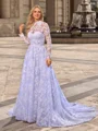 A-line/Princess Lace High Neck Long Sleeves Chapel Train Wedding Dresses
