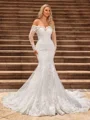 Trumpet/Mermaid Tulle Off-the-Shoulder Long Sleeves Cathedral Train Wedding Dresses