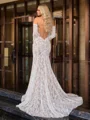 Sheath/Column Lace Off-the-Shoulder Long Sleeves Court Train Wedding Dresses