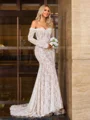 Sheath/Column Lace Off-the-Shoulder Long Sleeves Court Train Wedding Dresses