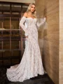 Sheath/Column Lace Off-the-Shoulder Long Sleeves Court Train Wedding Dresses
