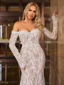 Sheath/Column Lace Off-the-Shoulder Long Sleeves Court Train Wedding Dresses