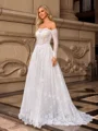 A-line/Princess Lace Off-the-Shoulder Long Sleeves Sweep Train Wedding Dresses
