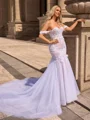 Trumpet/Mermaid Tulle Off-the-Shoulder Sleeveless Cathedral Train Wedding Dresses