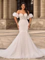 Trumpet/Mermaid Tulle Sweetheart Short Sleeves Cathedral Train Wedding Dresses