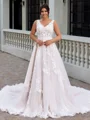 A-line V-neck Appliques Lace Cathedral Train Tulle Plus Size Wedding Dress