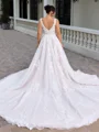 A-line V-neck Appliques Lace Cathedral Train Tulle Plus Size Wedding Dress