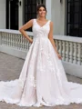 A-line V-neck Appliques Lace Cathedral Train Tulle Plus Size Wedding Dress