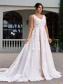 A-line V-neck Appliques Lace Cathedral Train Tulle Plus Size Wedding Dress