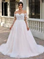 A-line Scoop Long Sleeves Appliques Lace Court Train Tulle Corset Plus Size Wedding Dress