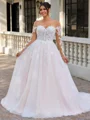 A-line Scoop Long Sleeves Appliques Lace Court Train Tulle Corset Plus Size Wedding Dress