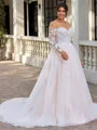 A-line Scoop Long Sleeves Appliques Lace Court Train Tulle Corset Plus Size Wedding Dress