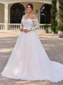 A-line Scoop Long Sleeves Appliques Lace Court Train Tulle Corset Plus Size Wedding Dress