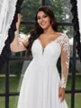A-line V-neck Long Sleeves Appliques Lace Court Train Chiffon Corset Plus Size Wedding Dress