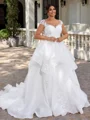 A-line Sweetheart Appliques Lace Chapel Train Tulle Corset Plus Size Wedding Dress