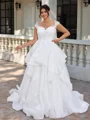 A-line Sweetheart Appliques Lace Chapel Train Tulle Corset Plus Size Wedding Dress