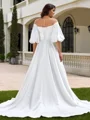 A-line Scoop 1/2 Sleeves Pleated Sweep Train Satin Corset Plus Size Wedding Dress
