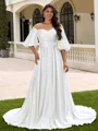 A-line Scoop 1/2 Sleeves Pleated Sweep Train Satin Corset Plus Size Wedding Dress