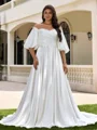A-line Scoop 1/2 Sleeves Pleated Sweep Train Satin Corset Plus Size Wedding Dress