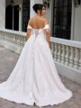 A-line Off-the-Shoulder Appliques Lace Sweep Train Tulle Corset Plus Size Wedding Dress